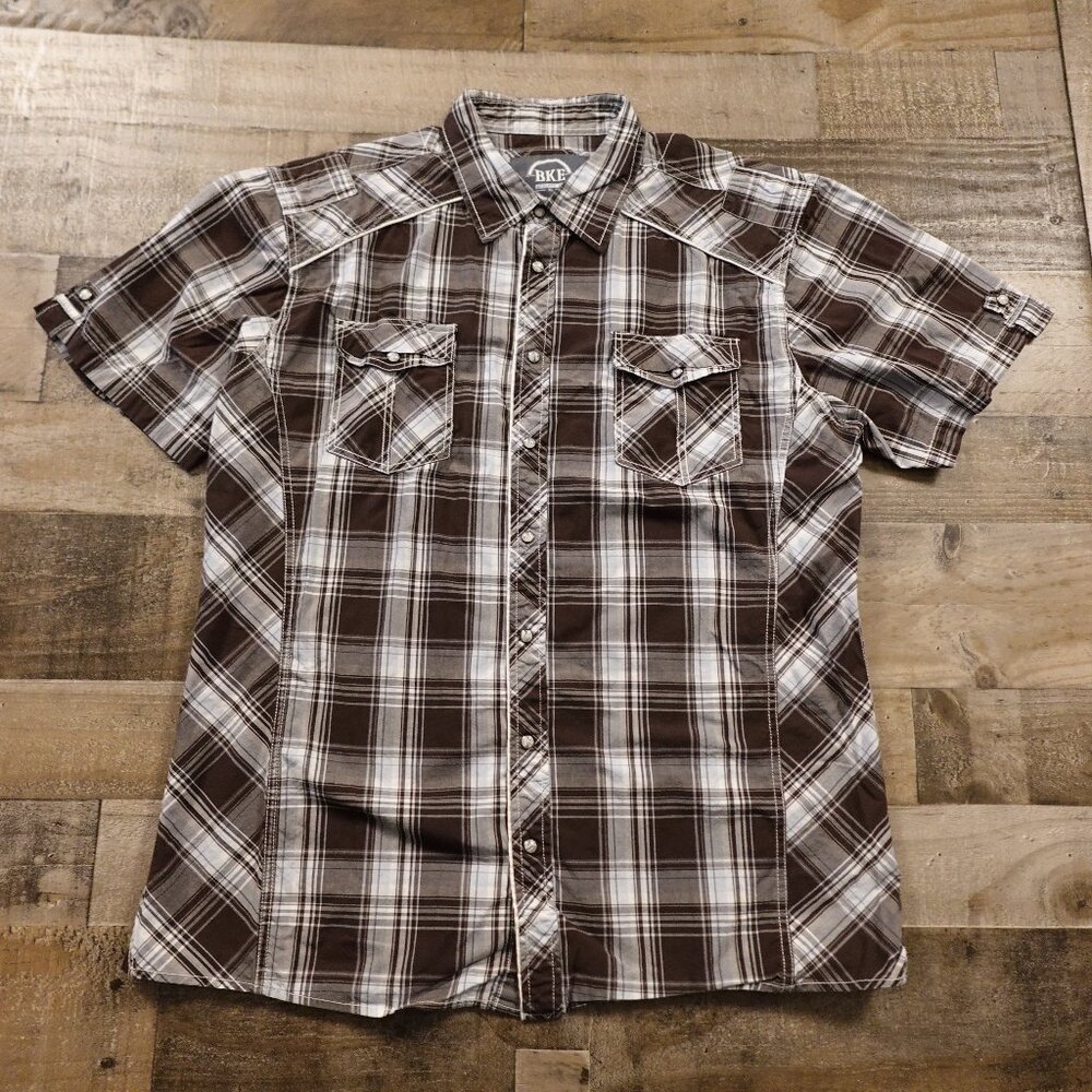 BKE Plaid Pearl Snap Shirt Men’s XL Brown White Western Short Sleeve Athletic